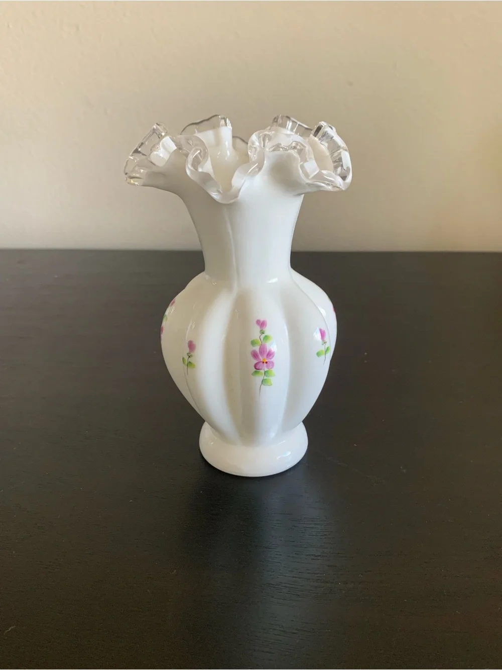 Fenton Silver Crest Milk Glass “Violets in the Snow” Ruffle Edge Melon Vase